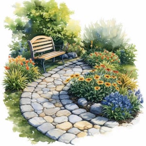 Könnte beinhalten: Aquarellillustration einer Gartenszene mit einem Steinweg, der zu einer Holzbank führt. Der Garten zeigt leuchtende Blumen in Orange, Gelb und Blau, umgeben von üppigem grünem Laub. Das Kunstwerk hat eine weiche, einladende Ästhetik.