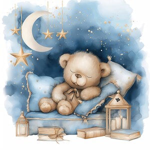 10 Sleepy Teddy Bear Clipart Bundle , Printable Watercolor Teddy Bear Images Illustrations, High Quality JPGs, Junk Journals, Paper Crafts