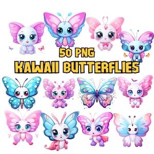 Aquarell Kawaii Schmetterlinge Clipart Bundle, niedlicher entzückender Schmetterling Clipart, magische Schmetterlinge PNG grafische Illustrationen, kommerzielle Nutzung