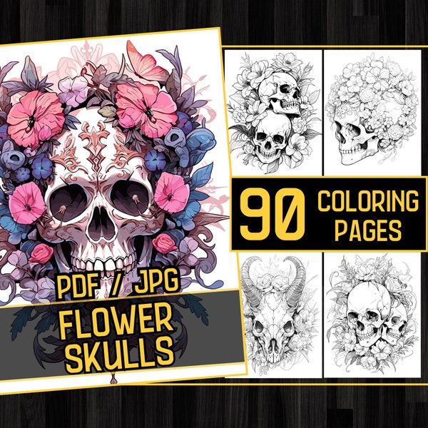 Flower Skulls 90 Coloring Page Book, Adults kids Instant Download, Grayscale Skull and Flower Coloring Book Page, Printable PDF and JPG