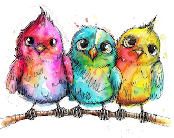 Paquete de 10 imágenes prediseñadas de pájaros arcoíris caprichosos, ilustraciones divertidas de aves, imágenes prediseñadas de acuarela, alta calidad, imágenes prediseñadas imprimibles, descarga digital