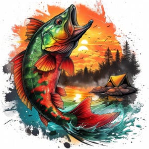 Paquete de 20 imágenes prediseñadas de lubinas saltando, ilustraciones e imágenes de pesca en acuarela imprimibles, archivos JPG de alta calidad, diario basura, manualidades de papel, tarjetas