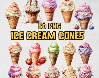 Watercolor Ice Cream Cones Clipart Bundle, Summer Treats Clipart Set, Sweet Dessert PNG Images, Ice Cream Illustrations, Commercial Use
