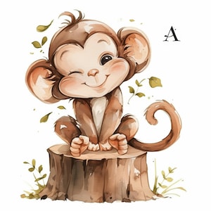 13 Cute Funny Monkey Clipart Bundle, Nursery Monkey Illustrations, Printable Watercolor Clipart, High Quality JPG, Paper craft, Junk Journal