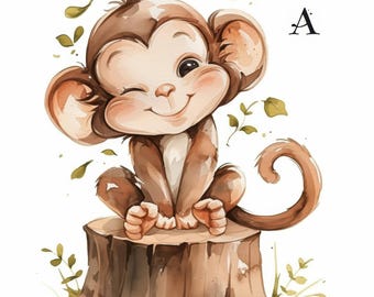 Paquete de 13 imágenes prediseñadas de monos divertidos y adorables, ilustraciones de monos para guardería, imágenes prediseñadas de acuarela imprimibles, JPG de alta calidad, manualidades de papel, diario basura