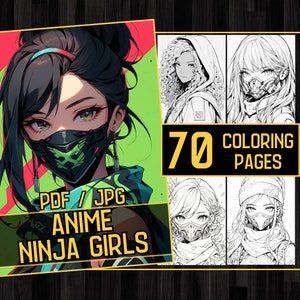 Anime Ninja Girls Manga 70 Coloring Page Book, Fantasy Anime Coloring Pages for Adults and Kids, Instant Download, Printable PDF & JPG