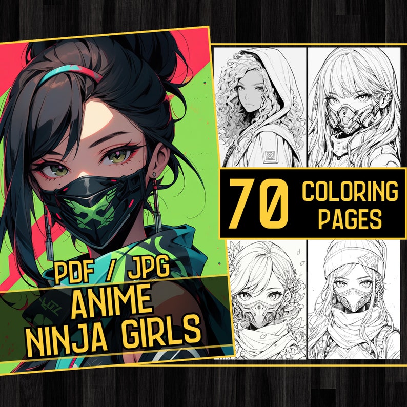 Anime Ninja Girls Manga 70 Coloring Page Book, Fantasy Anime Coloring Pages for Adults and Kids, Instant Download, Printable PDF & JPG
