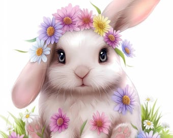 10 Cute Spring Bunny Clipart Bundle, Floral Rabbit Illustrations, Printable Watercolor Clipart, High Quality JPG, Paper craft, Junk Journals