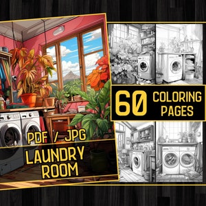 60 Laundry Room Coloring Page Book, Adults + Kids Instant Download -Grayscale Coloring Pages-Printable PDF,Home Coloring,Interior Coloring