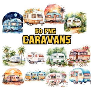 Paquete de imágenes prediseñadas de caravanas de acuarela, imágenes PNG de campamentos, aventuras, gráficos de la naturaleza, ilustraciones de viajes, PNG transparente, uso comercial