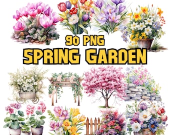 Watercolor Spring Gardens Clipart, Spring Garden Illustrations, Painted Garden Clipart, 90 PNG Graphics, Instant Download for Commercial Use