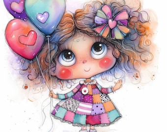 11 schrullige Party Girl Clipart-Bundle, Geburtstagsparty Illustrationen, druckbare Aquarell Clipart, hochwertige JPG-Dateien, Papiermodelle, Junk Journal