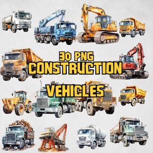 Pacote de clipart de veículos de construção em aquarela, imagens de escavadeira, gráficos PNG de escavadeira, betoneira, ilustrações, uso comercial