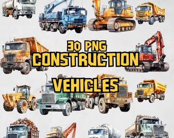 Aquarell Baufahrzeuge Clipart Bundle, Bagger Bilder, Bulldozer PNG Grafiken, Betonmischer, Illustrationen, kommerzielle Nutzung