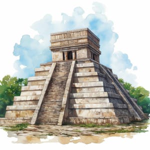 Puede incluir: Ilustración en acuarela de la pirámide maya El Castillo en Chichén Itzá, México. La antigua estructura está representada en tonos beige y marrón, con una escalera que conduce a la cima. Un exuberante follaje verde y un cielo azul con nubes completan la escena.