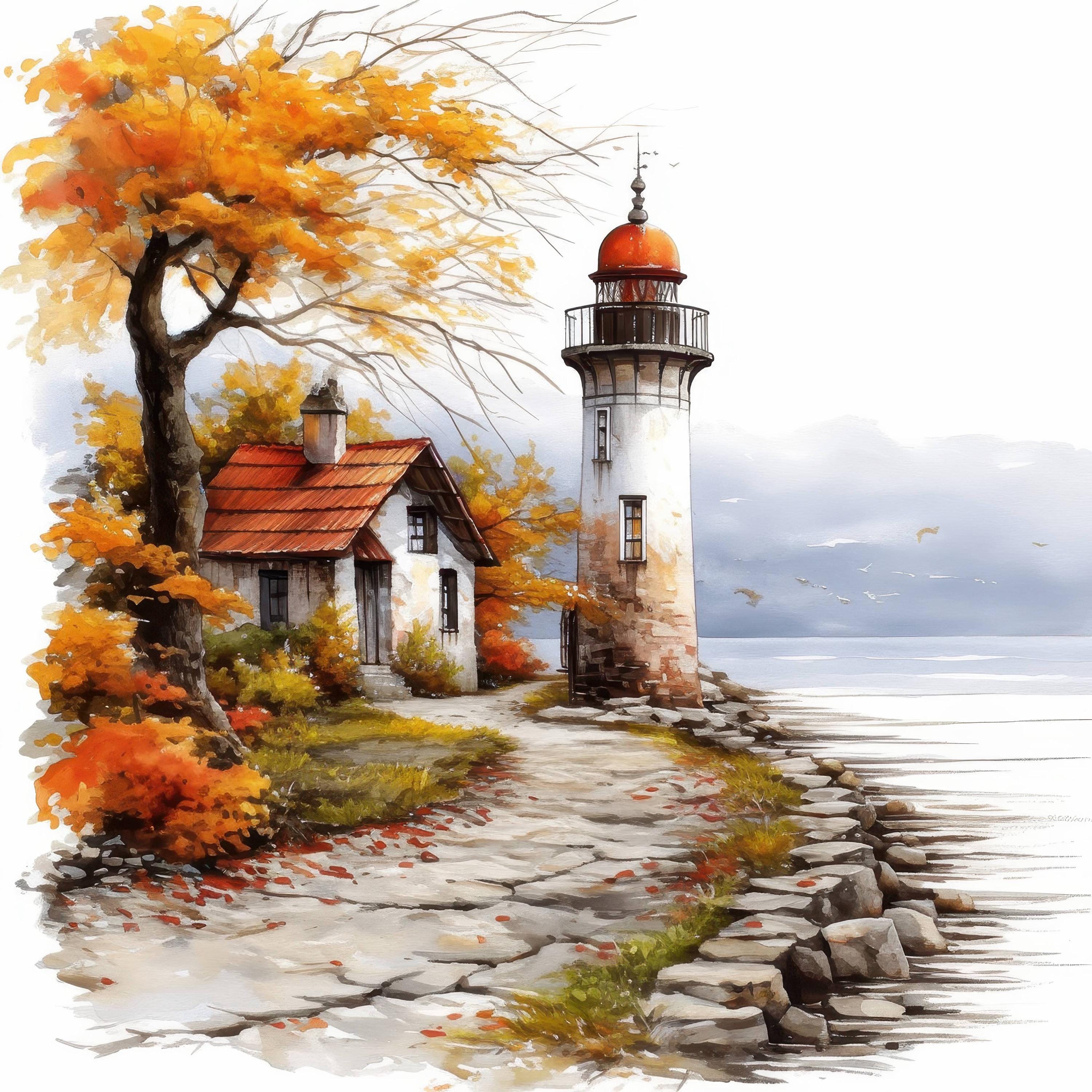 13 Fall Lighthouse View Clipart Bundle, Printable Watercolor Autumn ...