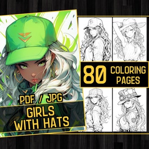Anime Girls with Hats 80 Adult Beatiful Girl Coloring Book Pages, Grayscale, Anime Manga Coloring, Instant Download, Printable PDF & JPG