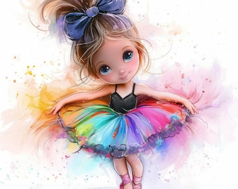 May include: A young girl wearing a rainbow tutu and pink ballet shoes. She has a blue bow in her hair and is smiling. Watercolor painting style.