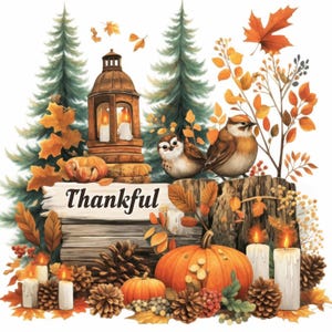 Paquete de 10 imágenes prediseñadas de Acción de Gracias de otoño, ilustración de la cosecha de otoño, imágenes prediseñadas de acuarela imprimibles, archivos JPG de alta calidad, manualidades de papel, diario basura