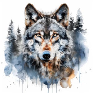 14 Wolf Portrait and Forest Clipart Bundle, Watercolor Wolf Image, Wolf Head Clipart, Scrapbook, Wolf Pack, Wolf In Forest, Forest And Wolf