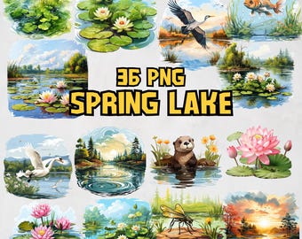 Spring Lakes Watercolor Clipart Bundle, 36 PNG Serene Lake Images, Tranquil Landscape Graphics, Instant Digital Download, Commercial Use