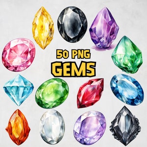 May include: A collection of 50 watercolour painted gems in various shapes and colours, including red, blue, green, purple, and black. The gems are arranged in a circle on a light grey background. The text "50 PNG GEMS" is written in yellow letters on a black background in the centre of the circle.