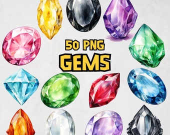May include: A collection of 50 watercolor painted gems in various shapes and colors, including red, blue, green, purple, and black. The gems are arranged in a circle on a light gray background. The text "50 PNG GEMS" is written in yellow letters on a black background in the center of the circle.