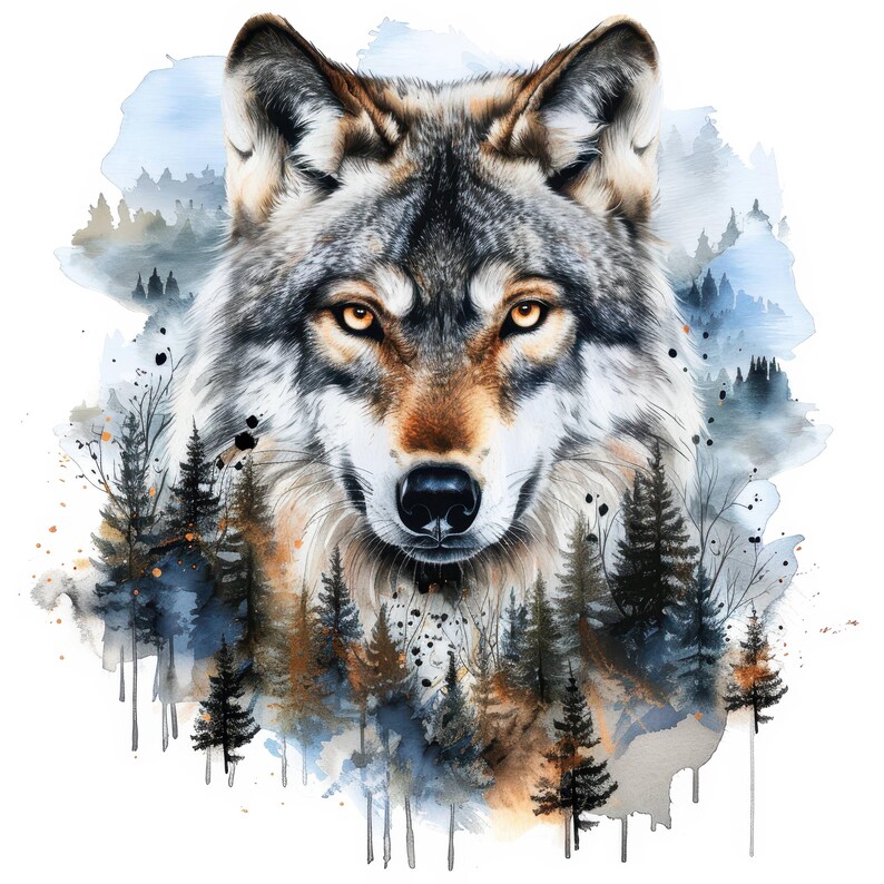 14 Wolf Portrait and Forest Clipart Bundle, Watercolor Wolf Image, Wolf Head Clipart, Scrapbook, Wolf Pack, Wolf In Forest, Forest And Wolf