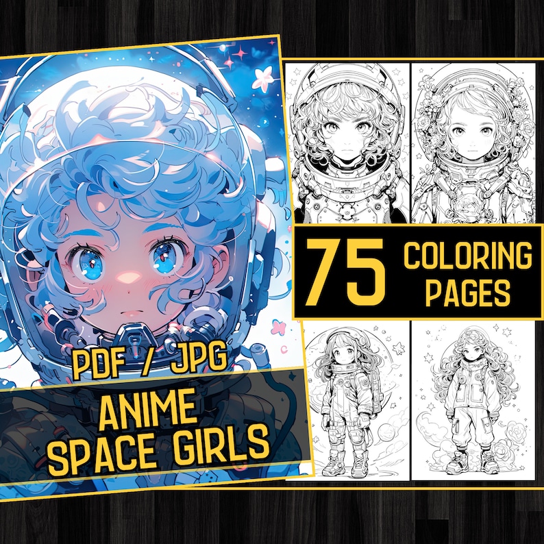 Anime Space Girls Manga 75 Coloring Page Book, Astronaut Anime Coloring Pages for Adults and Kids, Instant Download, Printable PDF & JPG
