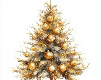 May include: A watercolour painting of a Christmas tree decorated with gold baubles. The tree is on a white background.