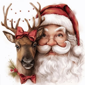 Pacote de 8 clipart de Papai Noel e Renas, ilustrações em aquarela para impressão, JPGs de alta qualidade, artesanato em papel digital, diários de lixo, criação de cartões