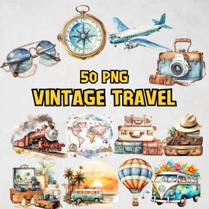 Clipart de voyage vintage aquarelle | Illustrations de valise, appareil photo, été, voyage vintage, sac à dos | Téléchargement instantané pour une utilisation commerciale