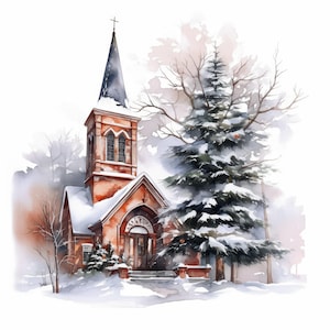 11 Bundle de cliparts église en hiver, illustrations d'images d'église, clipart aquarelle imprimable, JPG haute qualité, créations en papier, journaux indésirables