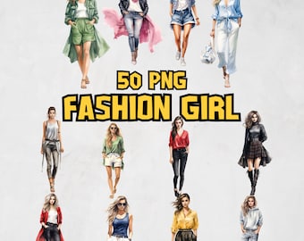 Watercolor Fashion Girls Clipart Bundle, Modern Fashion Clipart Set, Designer Handbag PNG, Beautiful Woman Illustrations, Commercial Use