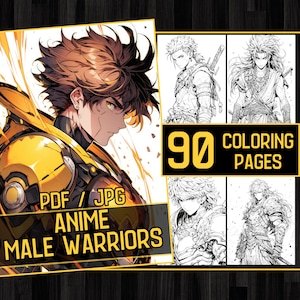 Anime männliche Krieger Erwachsene Malbuch 90 Samurai Malseiten, Fantasy Fantasy Manga Färbung, sofortiger Download, druckbare PDF-Datei