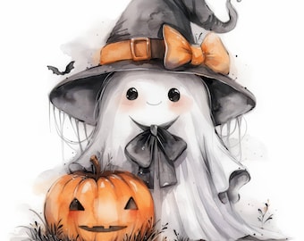 11 Cartoon Cute Ghost Clipart Bundle, Halloween Illustration, Printable Watercolor clipart, High Quality JPGs, Paper crafts, Junk Journals