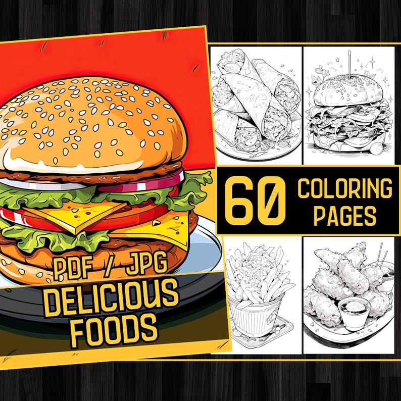 Delicious Foods Adult Coloring Book 60 Fast Food Coloring Pages,Grayscale Yummy Tasty Food Coloring,Instant Download,Printable PDF & JPG