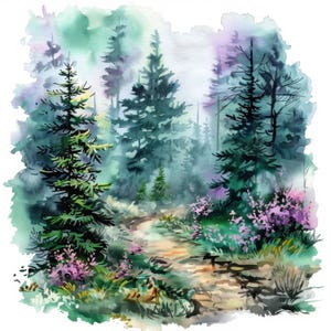 May include: Watercolor painting of a forest scene with tall evergreen trees and a winding path. The artwork features a palette of greens, blues, and purples, with touches of pink flowers and a misty atmosphere.
