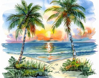 15 akvarell clipart-paket med solstrand, palmillustrationer, tropisk strand, utskrivbara clipart, högkvalitativa JPG-bilder, papperspyssel