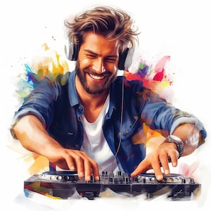 Lot de 8 cliparts Jamming DJ, illustrations imprimables d'images de musique disco aquarelle, fichiers JPG de haute qualité, journaux indésirables, travaux manuels en papier