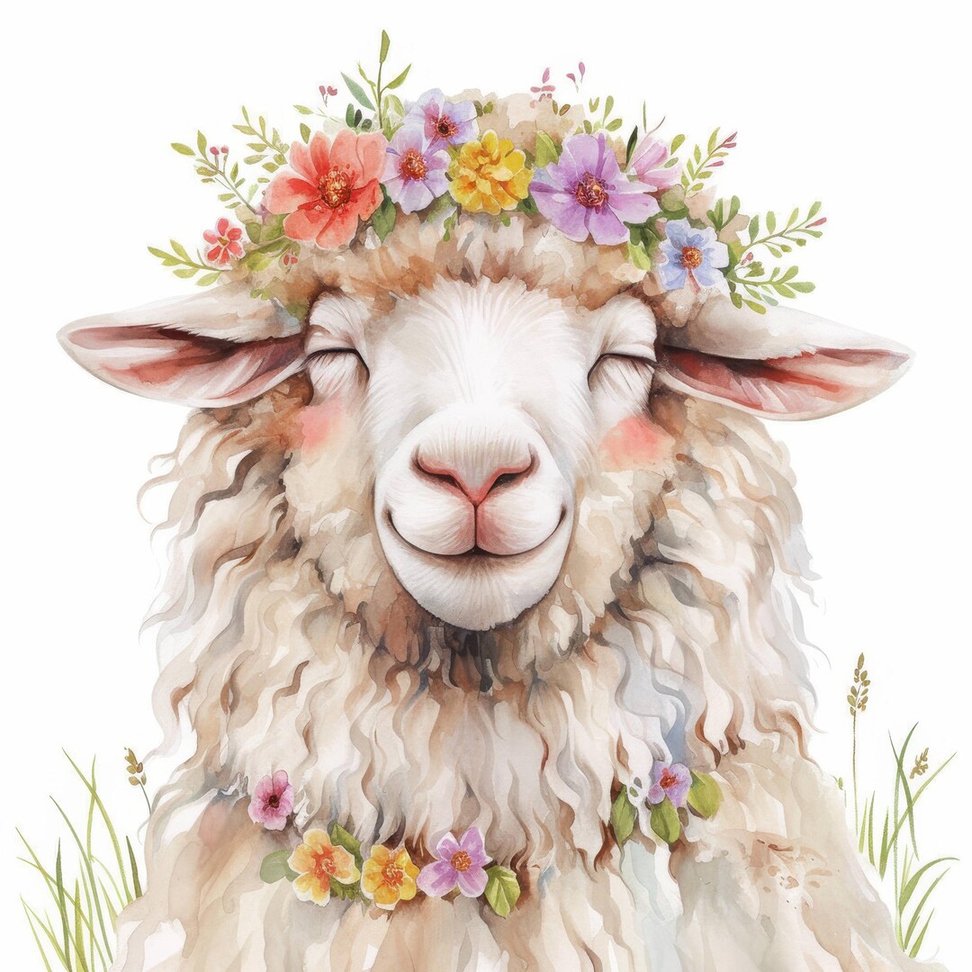 花と羊のクリップアート12点セット、花柄の羊のイラスト、印刷可能な