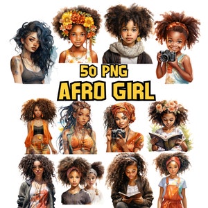 Bundle di clipart di ragazze afro ad acquerello, PNG di ragazze nere carine, immagini di ragazze afroamericane, bellissime illustrazioni di donne nere, uso commerciale