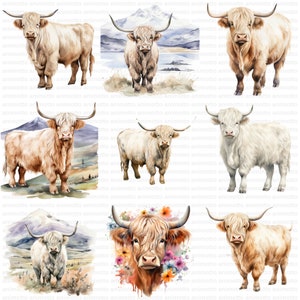 Watercolor Highland Cows Clipart Bundle, Highland Cow Illustrations, Nursery Decor Clipart Set, Transparent PNG Images, Commercial Use