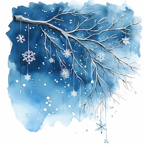 Könnte beinhalten: Aquarellmalerei einer Winterszene. Ein schneebedeckter Ast mit zarten, hängenden Schneeflocken vor einem blauen Hintergrund. Das Kunstwerk erinnert an kalte Winterpracht und die Weihnachtszeit.