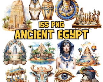 Watercolor Ancient Egypt Clip Art | Cleopatra, Eye of Horus, Pyramids, Pharaoh, Sphinx Illustration | Egypt PNG Images for Commercial Use