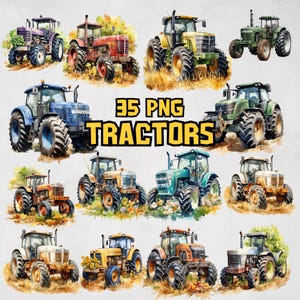 Pacote de 35 clipart de trator agrícola em aquarela, PNGs, trator agrícola, download digital, clipart em aquarela, criação de cartões, clip art, uso comercial