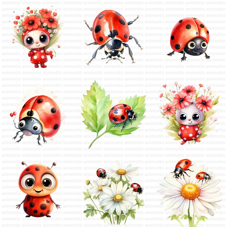 Watercolor Cute Ladybugs Clipart Bundle, Adorable Ladybug PNG Graphics, Ladybug Illustrations, Instant Download for Commercial Use