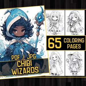 May include: A set of 65 colouring pages featuring cute chibi wizards in various poses. The pages are in PDF and JPG format. The cover image shows a blue-skinned chibi wizard with a blue staff and a blue and white robe.