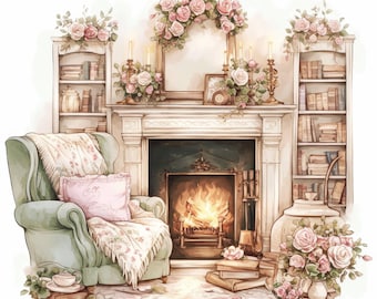 15 Victoriaanse woonkamer clipartbundel, illustratie binnen huis, afdrukbare aquarel clipart, hoge kwaliteit JPG, Paper Craft, Junk Journal