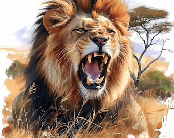 11 Safari Lion Clipart Bundle, Lion at Nature Illustrations, Printable Watercolor Clipart, High Quality JPG, Paper craft, Junk Journals